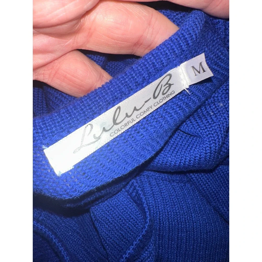Lulu-B Royal Blue Ribbed Knit Asymmetrical Silver Ring Pullover Sweater Womens M